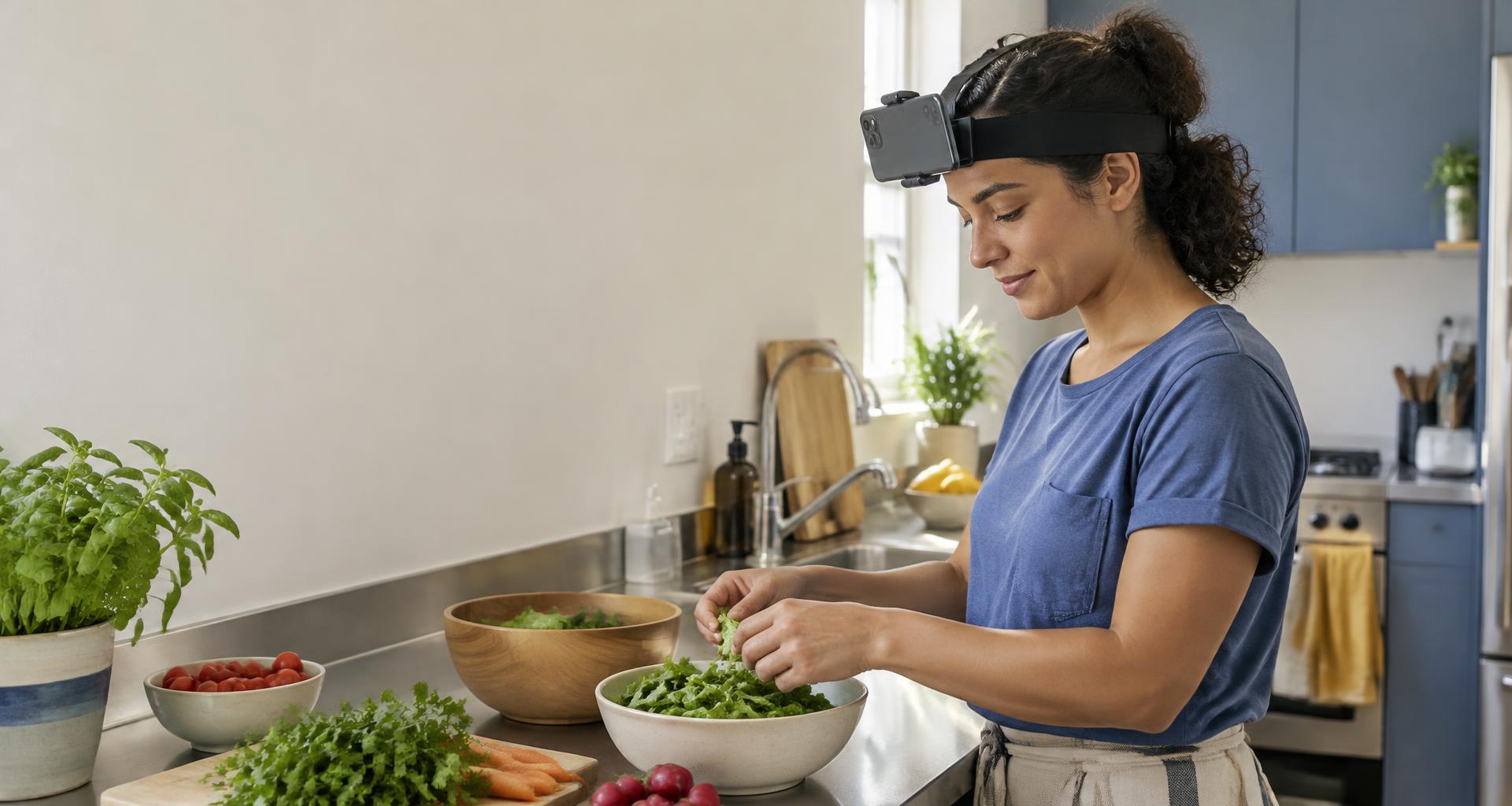 Mulher preparando alimentos com celular horizontal em suporte de cabeça e as mãos livres